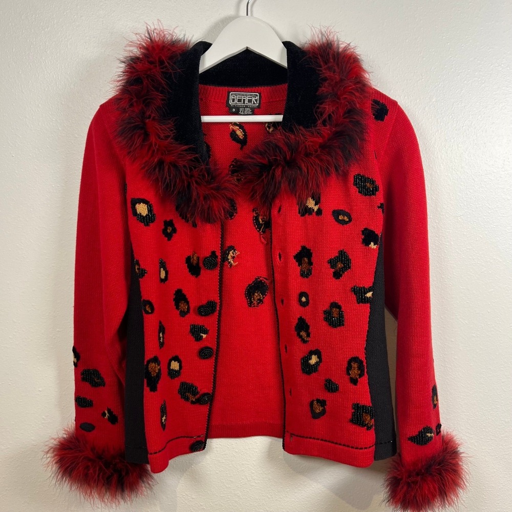 VTG Berek Leopard Print Knit Cardigan Sweater Beaded 90s Maximalist Bold Sz. S
